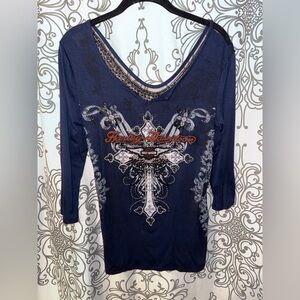 Harley-Davidson Women's Dark Blue Beaded Sparkly Quarter Sleeve Top